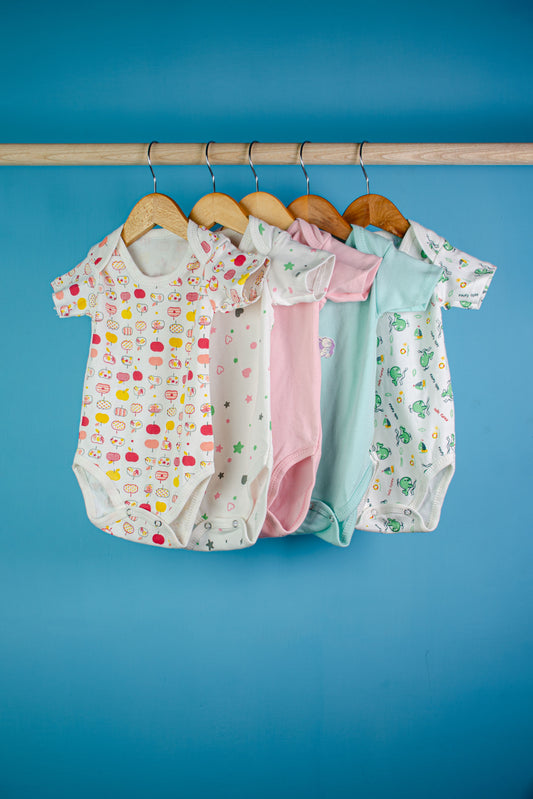 5 Pack Baby Bodysuits – Soft Cotton, Unisex, Assorted Colors & Prints