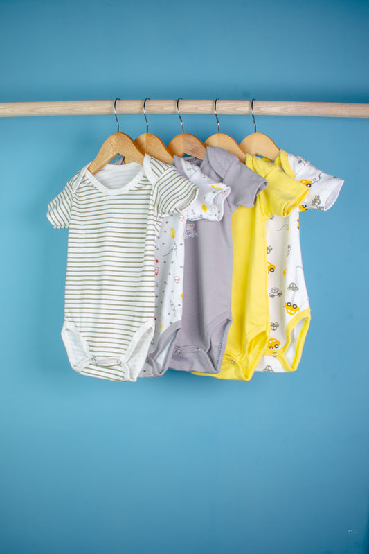 5 Pack Baby Bodysuits – Soft Cotton, Unisex, Assorted Colors & Prints